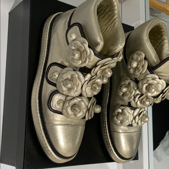 CHANEL Shoes - Chanel metallic gold camellia embellished sneakers